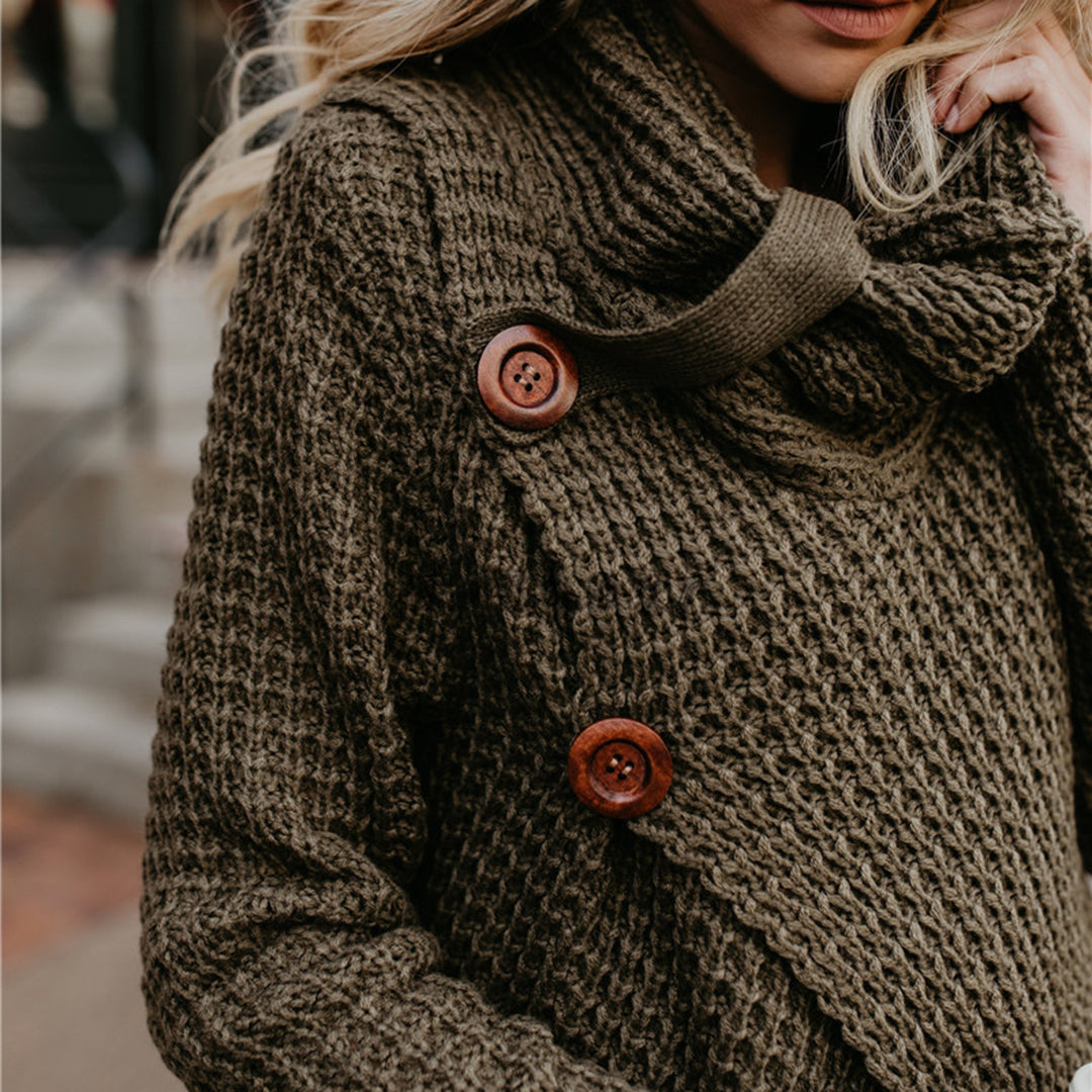 Herfsttrui hoge revers pullover knoop effen kleur-Blazers & Vesten-Calora-Legergroen-S-Calora