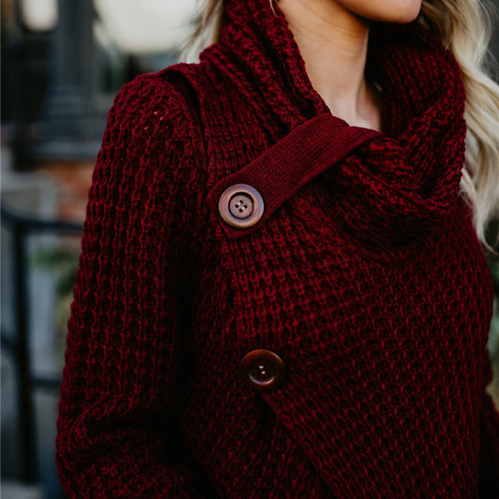 Herfsttrui hoge revers pullover knoop effen kleur-Blazers & Vesten-Calora-Legergroen-S-Calora