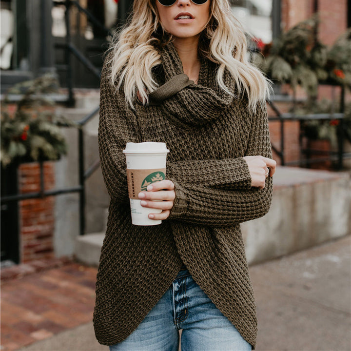 Herfsttrui hoge revers pullover knoop effen kleur-Blazers & Vesten-Calora-Legergroen-S-Calora