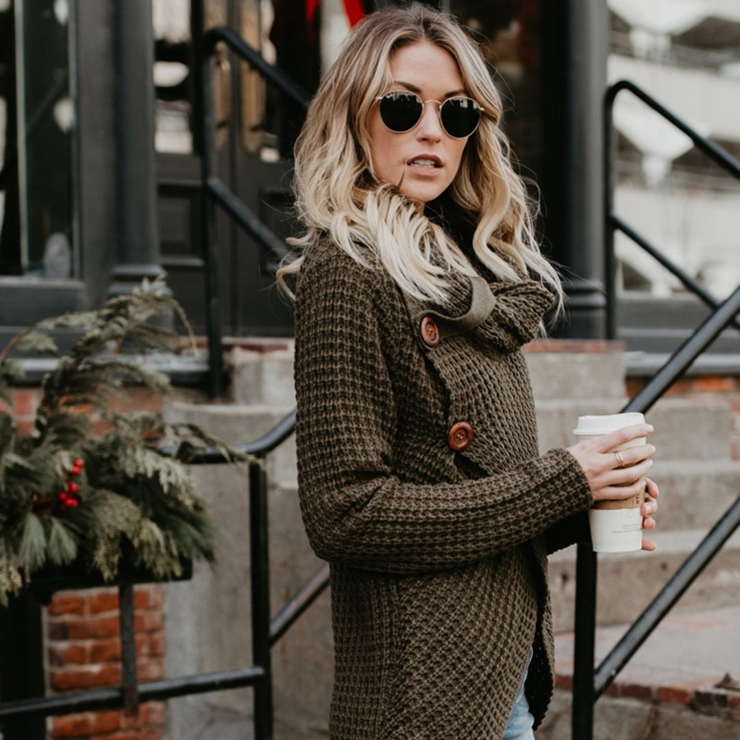 Herfsttrui hoge revers pullover knoop effen kleur-Blazers & Vesten-Calora-Legergroen-S-Calora