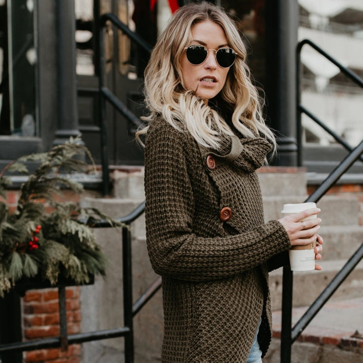 Herfsttrui hoge revers pullover knoop effen kleur-Blazers & Vesten-Calora-Legergroen-S-Calora