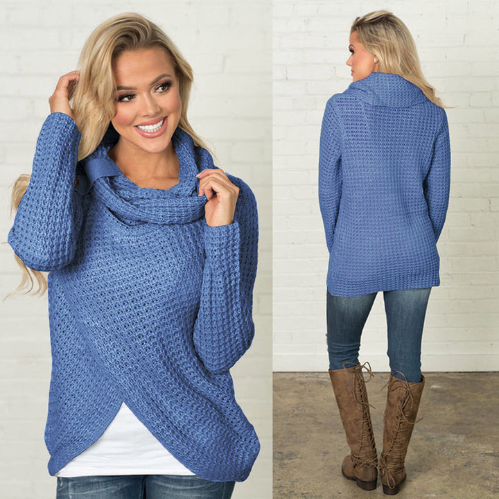 Herfsttrui hoge revers pullover knoop effen kleur-Blazers & Vesten-Calora-Lichtblauw-S-Calora