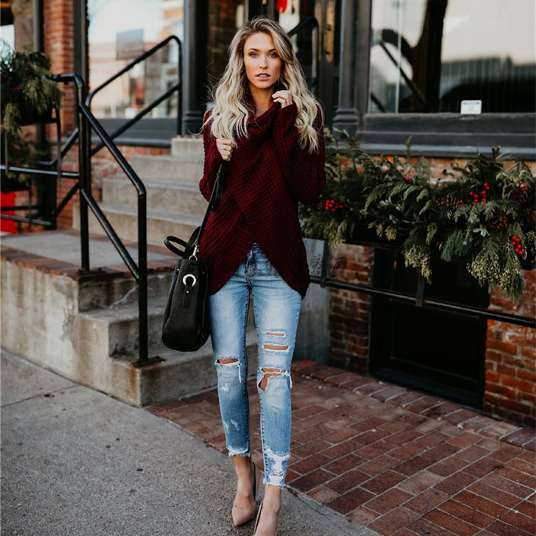 Herfsttrui hoge revers pullover knoop effen kleur-Blazers & Vesten-Calora-Rood-S-Calora