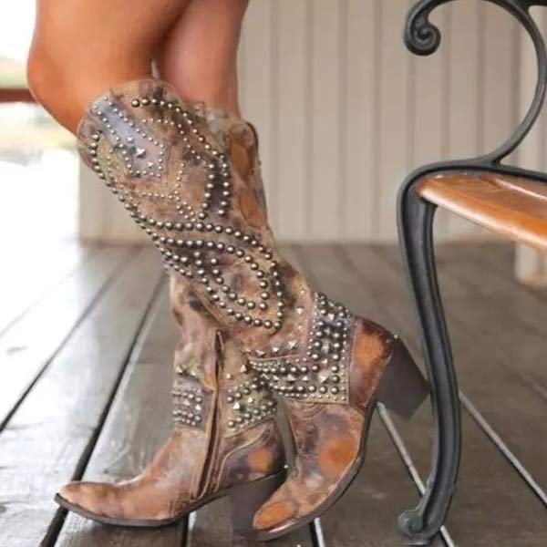 Hoge Retro Cowboy Laarzen voor dames-Laarzen-Calora-Bruin-34-Calora