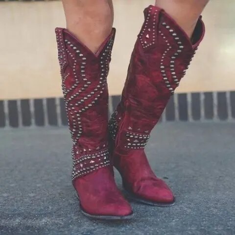 Hoge Retro Cowboy Laarzen voor dames-Laarzen-Calora-Wijnrood-34-Calora