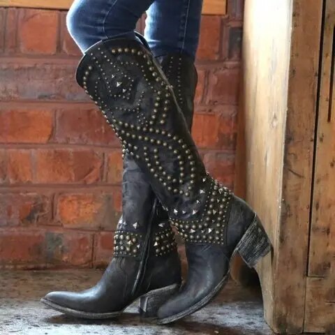 Hoge Retro Cowboy Laarzen voor dames-Laarzen-Calora-Zwart-34-Calora