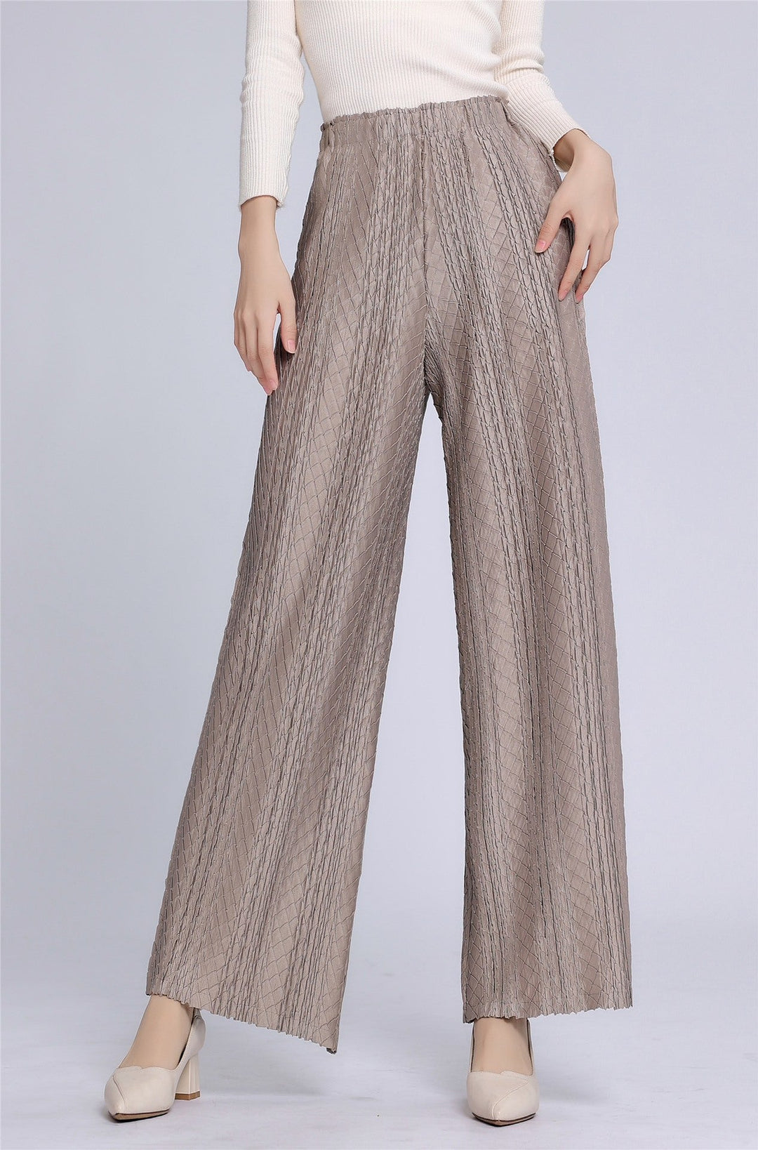 Hoge taille geplooide wijde broek-Wijde Broeken-Calora-Khaki-One Size-Calora