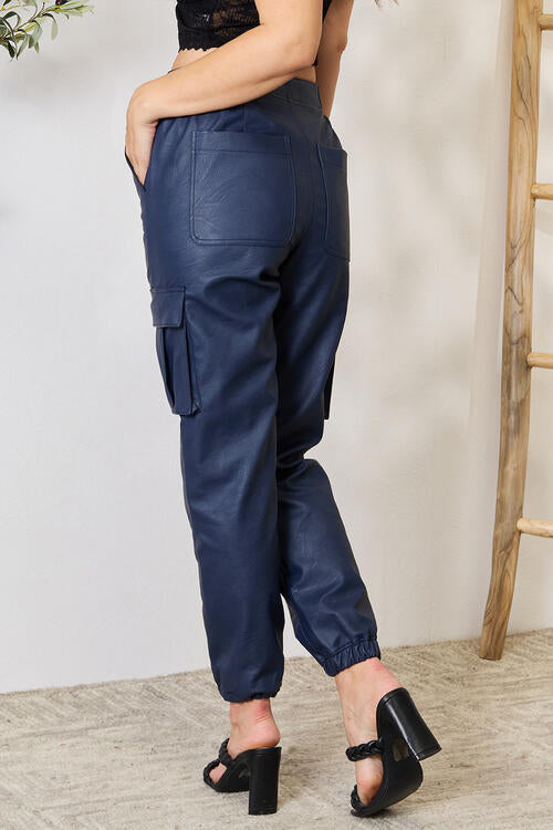 Hoge Taille Vegan Leren Cargo Joggingbroek-Wijde Broeken-Calora-S-Calora