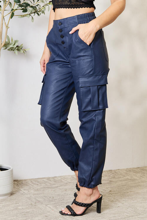 Hoge Taille Vegan Leren Cargo Joggingbroek-Wijde Broeken-Calora-S-Calora