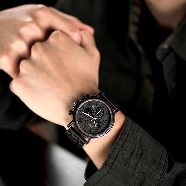 CALORA_ Houten Horloge voor Heren met Militaire Stijl en Waterbestendigheid