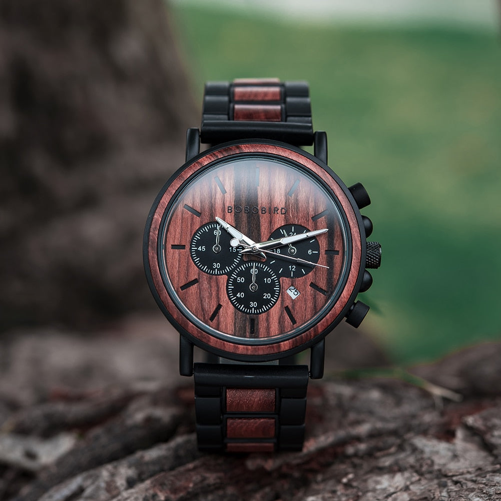 CALORA_ Houten Horloge voor Heren met Militaire Stijl en Waterbestendigheid