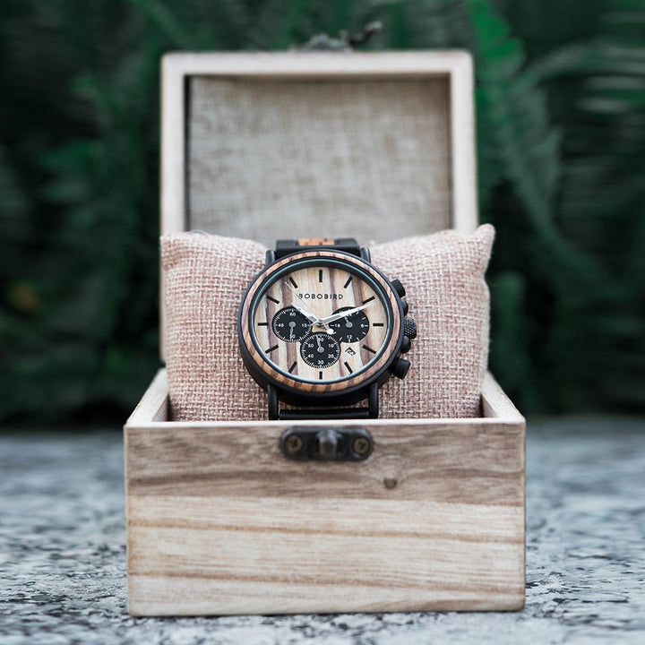CALORA_ Houten Horloge voor Heren met Militaire Stijl en Waterbestendigheid