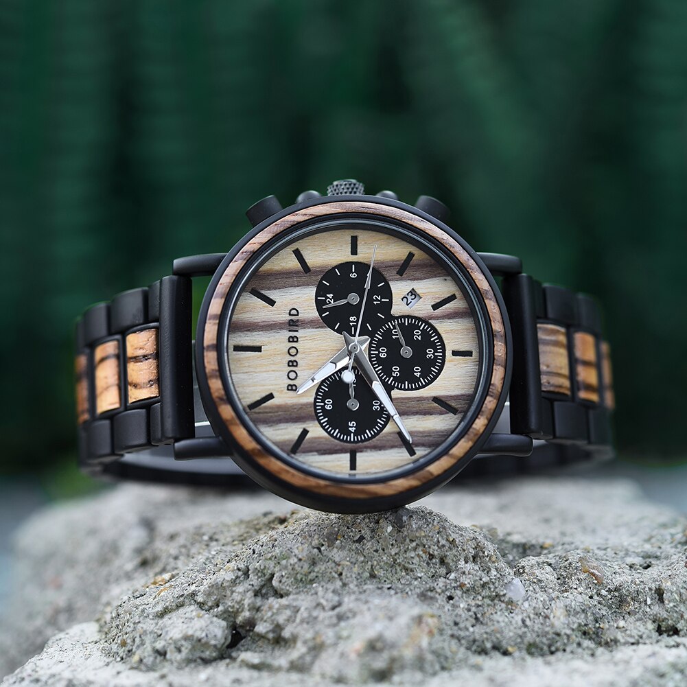 CALORA_ Houten Horloge voor Heren met Militaire Stijl en Waterbestendigheid