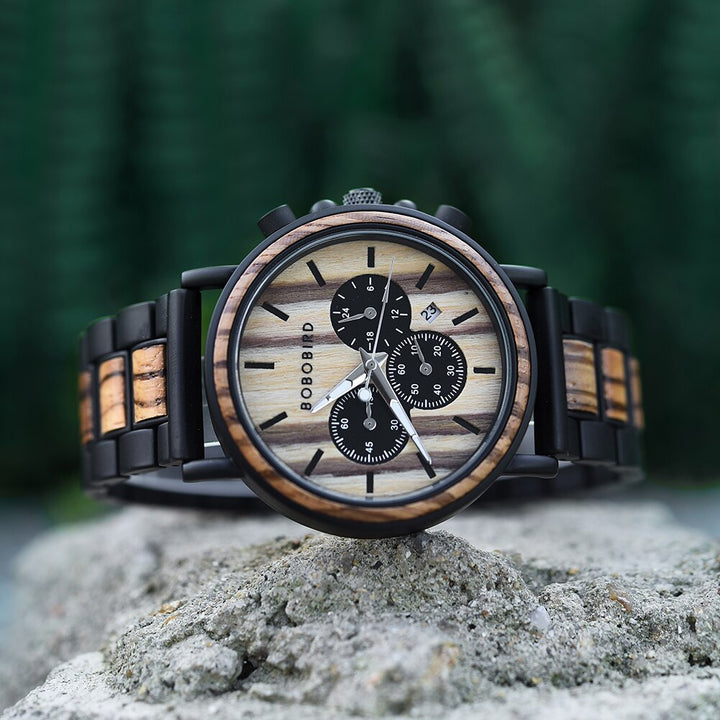 CALORA_ Houten Horloge voor Heren met Militaire Stijl en Waterbestendigheid