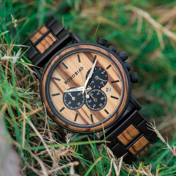 CALORA_ Houten Horloge voor Heren met Militaire Stijl en Waterbestendigheid