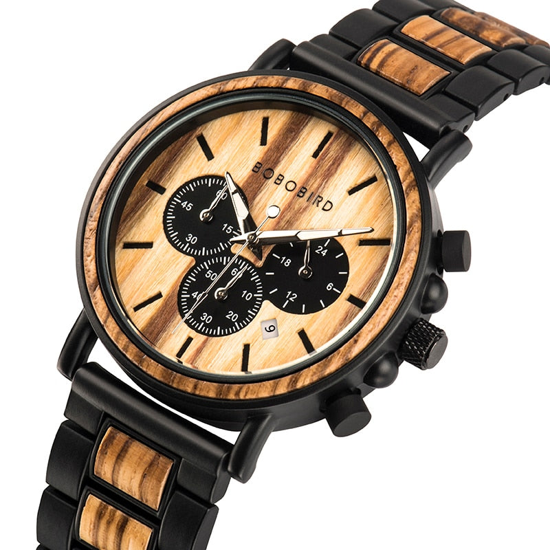 CALORA_ Houten Horloge voor Heren met Militaire Stijl en Waterbestendigheid