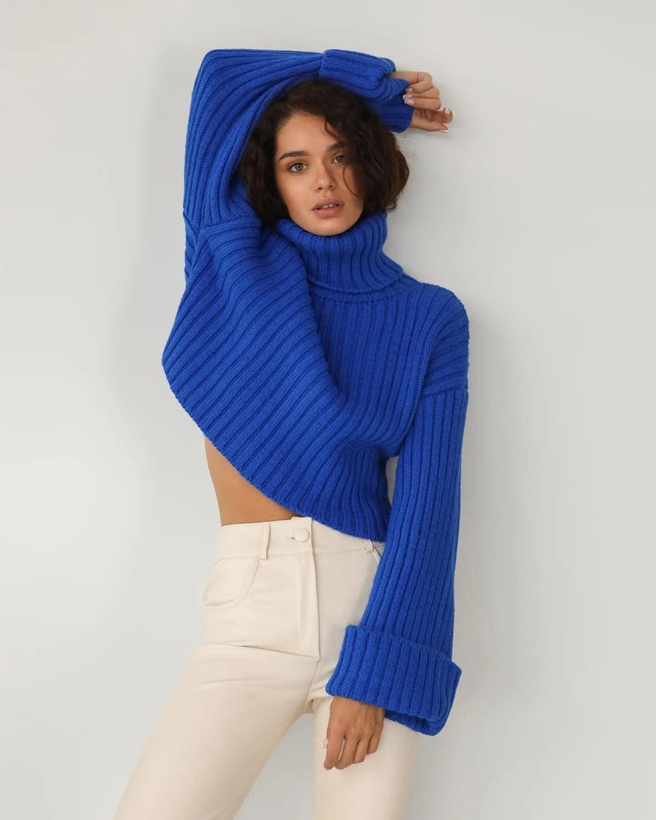 Irene | Dames geribbelde coltrui cropped-Blazers & Vesten-Calora-Blauw-S-Calora