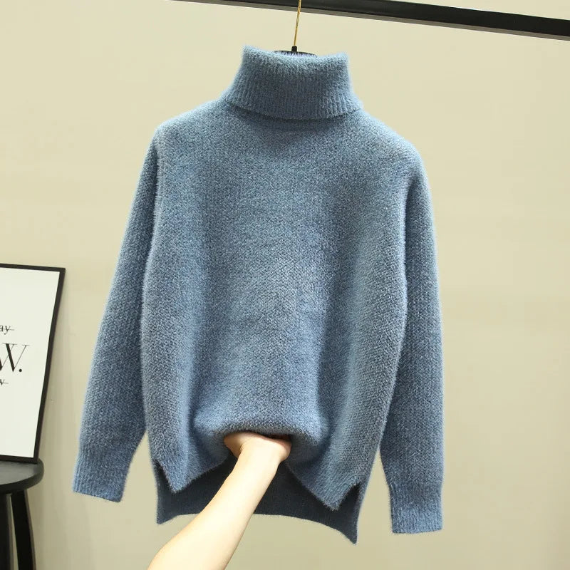 Isa | Dames hoge kraag losse verdikte imitatie nerts fleece trui-Blazers & Vesten-Calora-Blauw-S-Calora