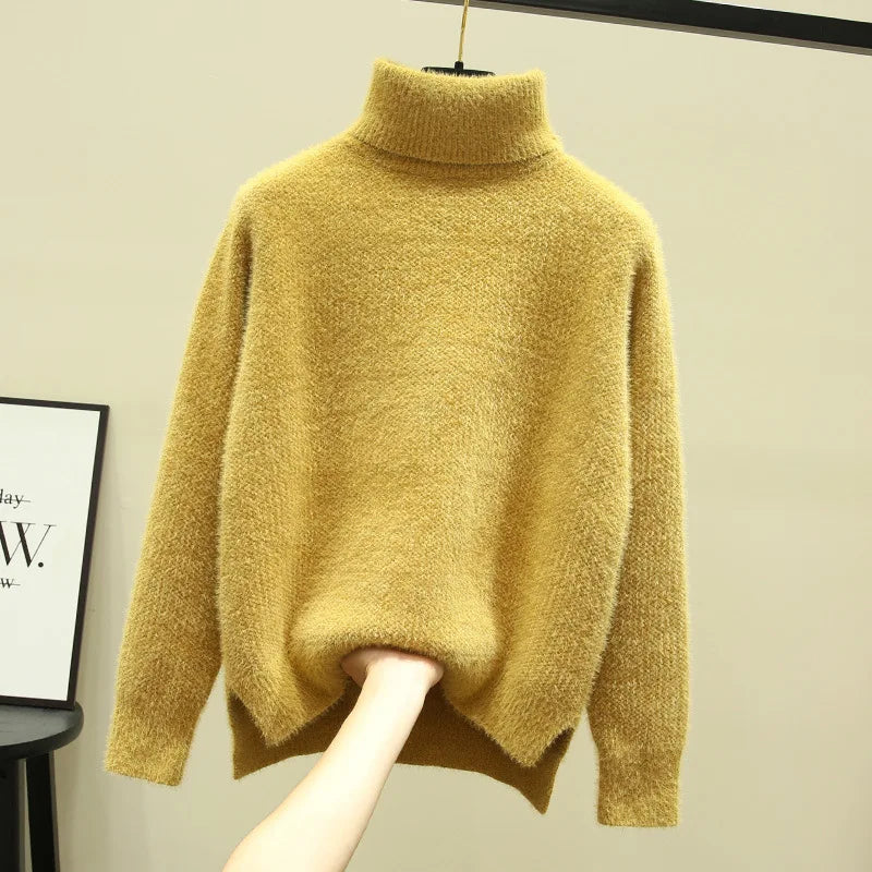 Isa | Dames hoge kraag losse verdikte imitatie nerts fleece trui-Blazers & Vesten-Calora-Geel-S-Calora