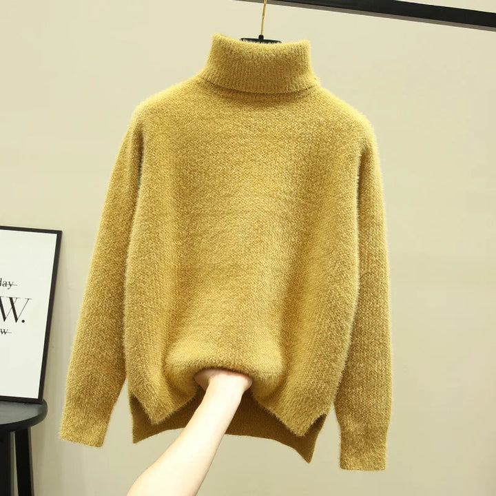 Isa | Dames hoge kraag losse verdikte imitatie nerts fleece trui-Blazers & Vesten-Calora-Geel-S-Calora