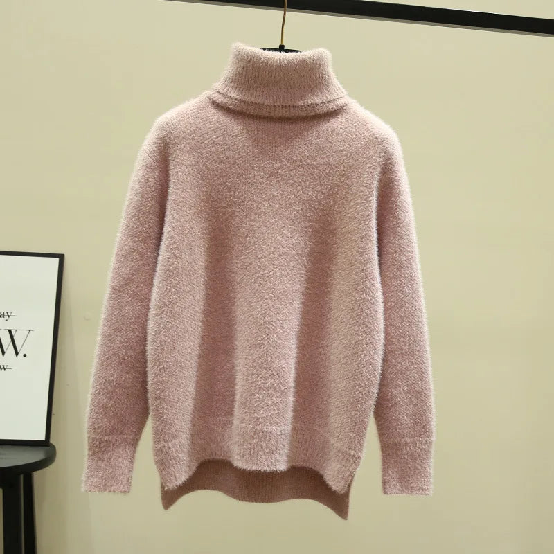 Isa | Dames hoge kraag losse verdikte imitatie nerts fleece trui-Blazers & Vesten-Calora-Roze-S-Calora