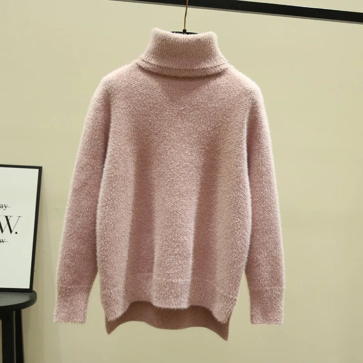 Isa | Dames hoge kraag losse verdikte imitatie nerts fleece trui-Blazers & Vesten-Calora-Roze-S-Calora