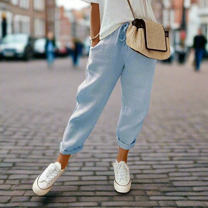 Isabella | Katoen Linnen Casual Broek-Wijde Broeken-Calora-Babyblauw-S-Calora