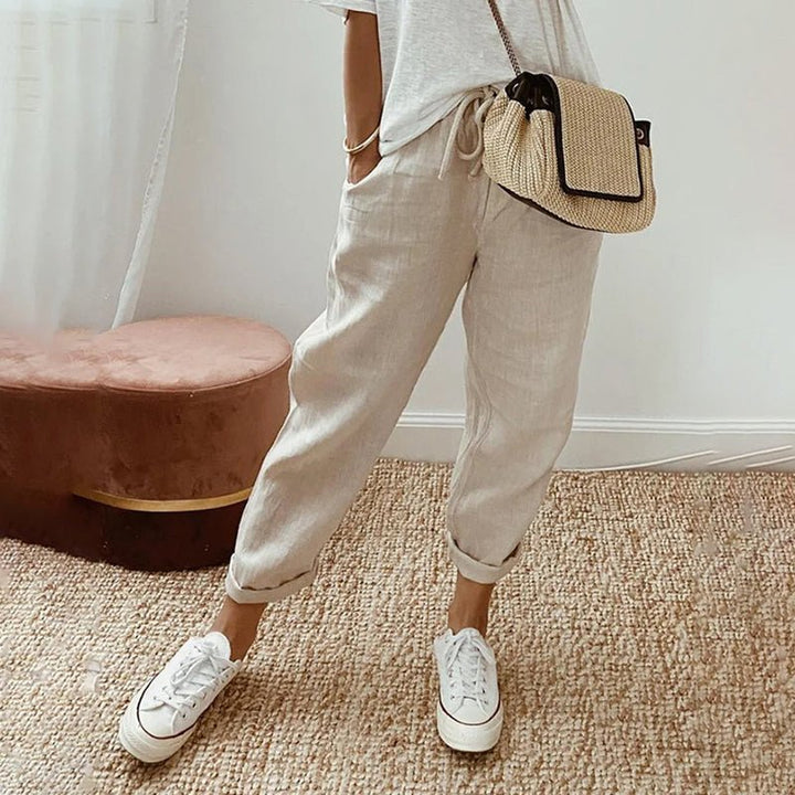 Isabella | Katoen Linnen Casual Broek-Wijde Broeken-Calora-Beige-S-Calora