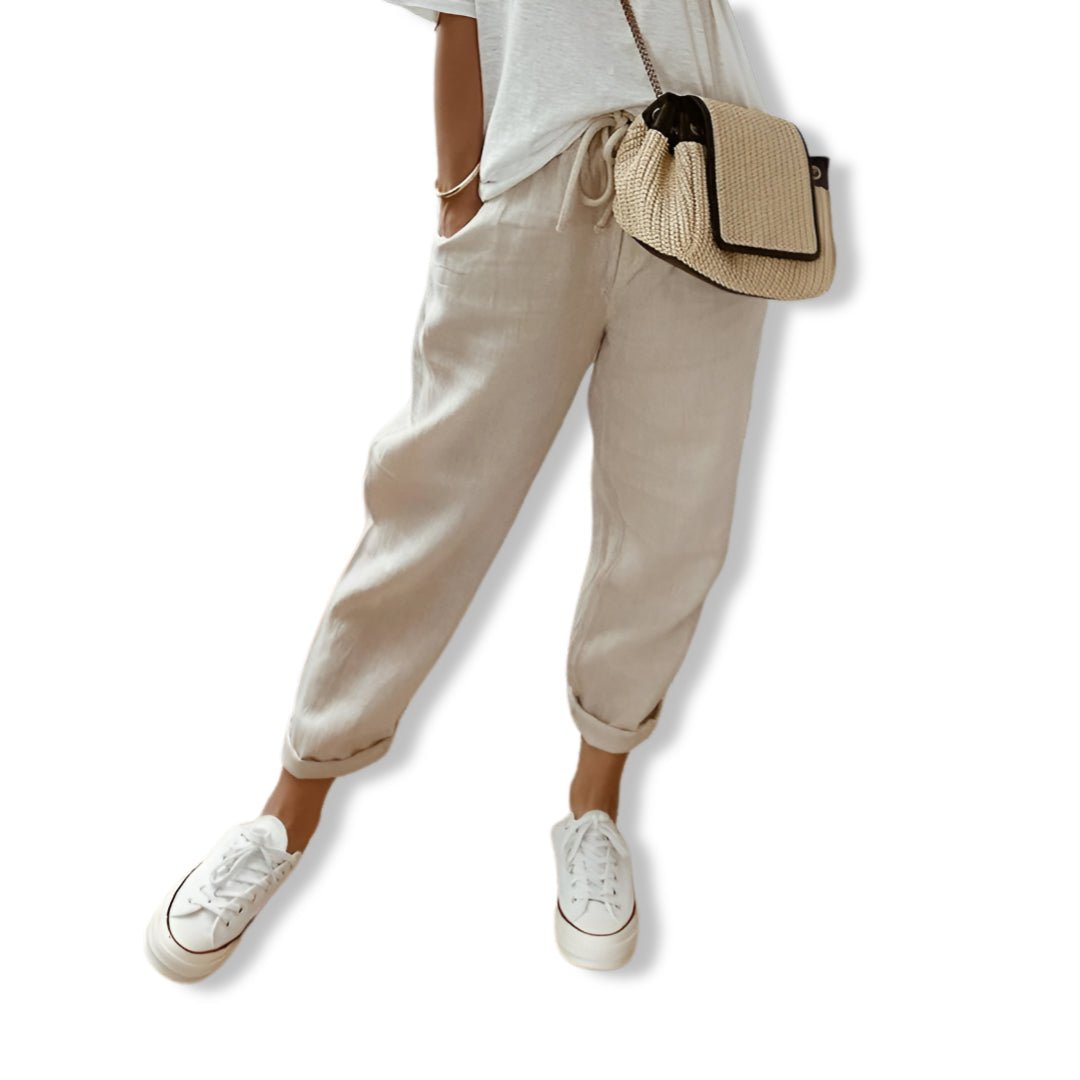 Isabella | Katoen Linnen Casual Broek-Wijde Broeken-Calora-Beige-S-Calora