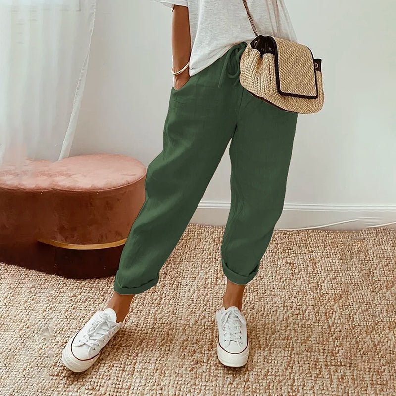 Isabella | Katoen Linnen Casual Broek-Wijde Broeken-Calora-Legergroen-S-Calora