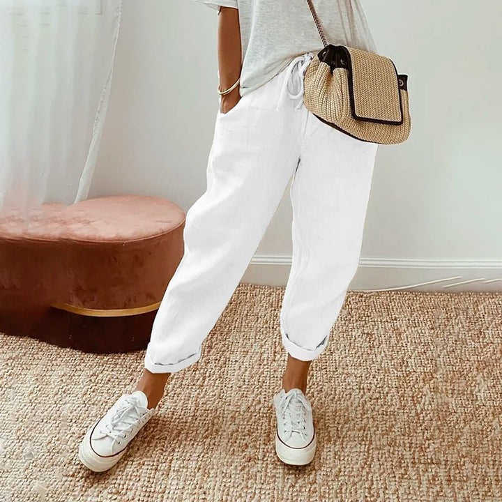 Isabella | Katoen Linnen Casual Broek-Wijde Broeken-Calora-Wit-S-Calora