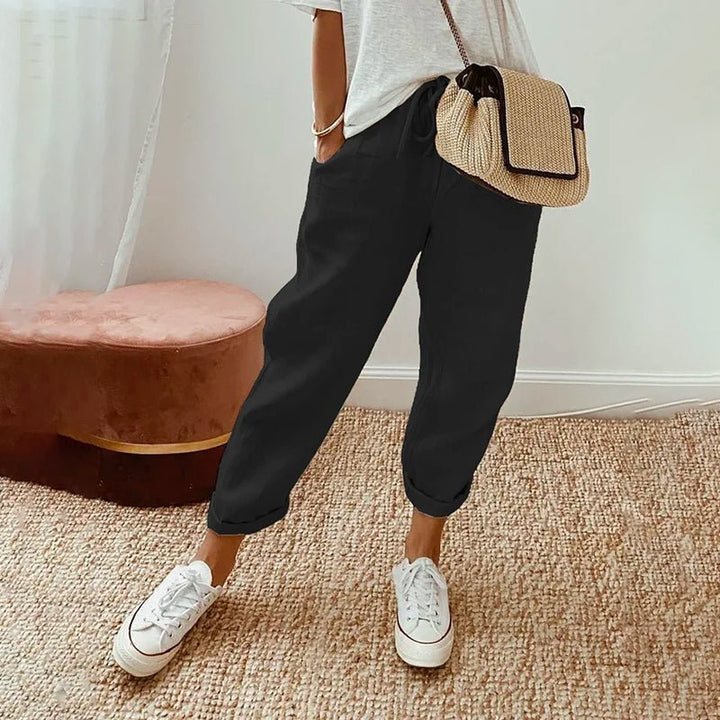 Isabella | Katoen Linnen Casual Broek-Wijde Broeken-Calora-Zwart-S-Calora