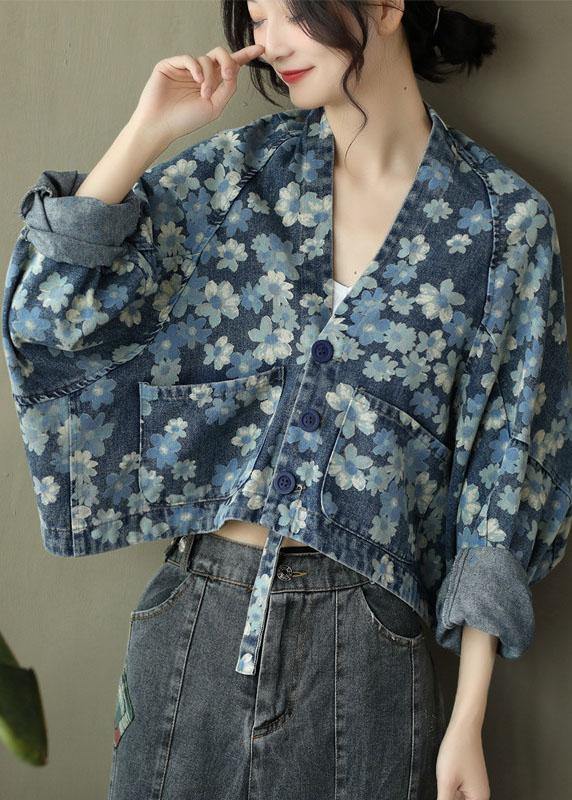 Italiaanse blauwe print denim top met lange mouwen en V-hals-Shirts & Topjes-Calora-Blauw-S-Calora
