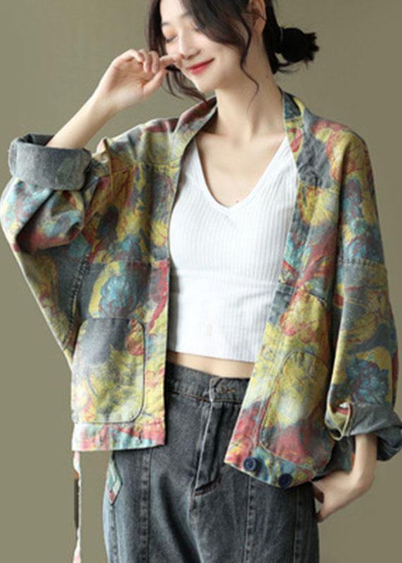 Italiaanse blauwe print denim top met lange mouwen en V-hals-Shirts & Topjes-Calora-Blauw-S-Calora