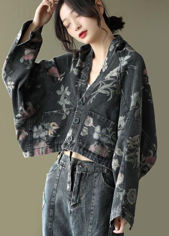 Italiaanse blauwe print denim top met lange mouwen en V-hals-Shirts & Topjes-Calora-Blauw-S-Calora