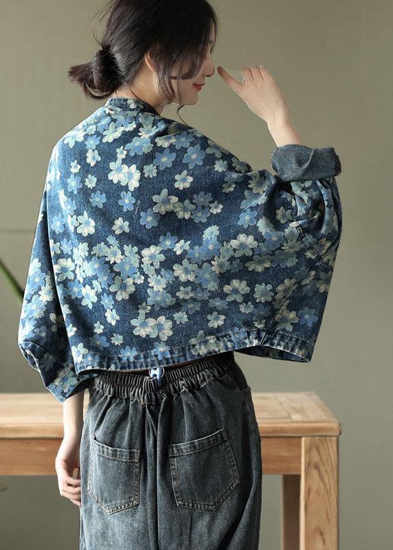 Italiaanse blauwe print denim top met lange mouwen en V-hals-Shirts & Topjes-Calora-Blauw-S-Calora