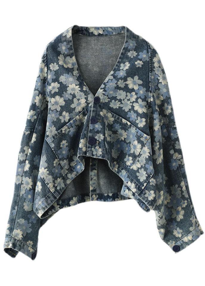 Italiaanse blauwe print denim top met lange mouwen en V-hals-Shirts & Topjes-Calora-Blauw-S-Calora