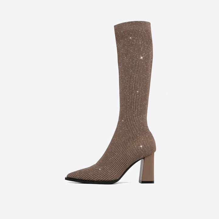 Jannie | Gebreide hoge laarzen met hoge hak-Laarzen-Calora-Beige-34-Calora