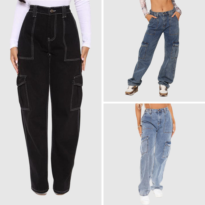 Jeans Elastische Taille Cargobroek-Wijde Broeken-Calora-Blauw-S-Calora