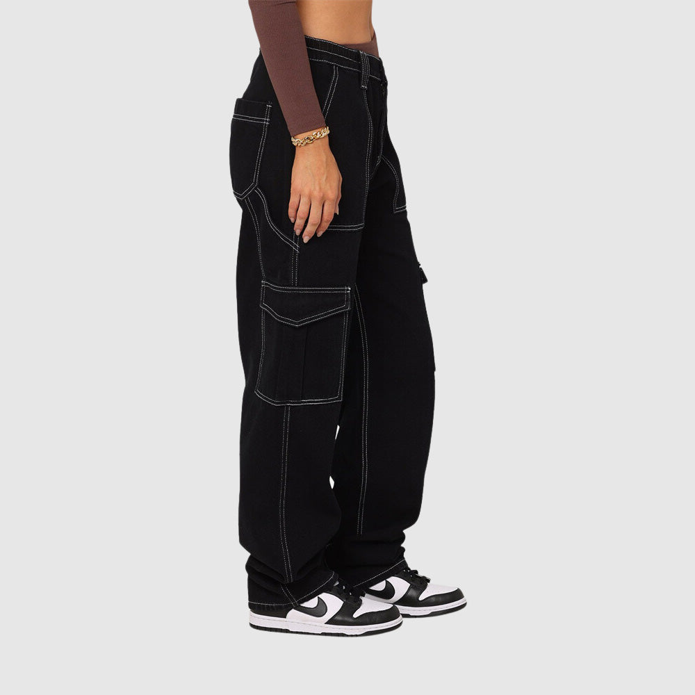 Jeans Elastische Taille Cargobroek-Wijde Broeken-Calora-Blauw-S-Calora