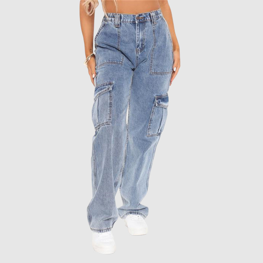 Jeans Elastische Taille Cargobroek-Wijde Broeken-Calora-Blauw-S-Calora