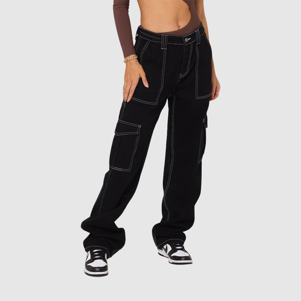 Jeans Elastische Taille Cargobroek-Wijde Broeken-Calora-Zwart-S-Calora