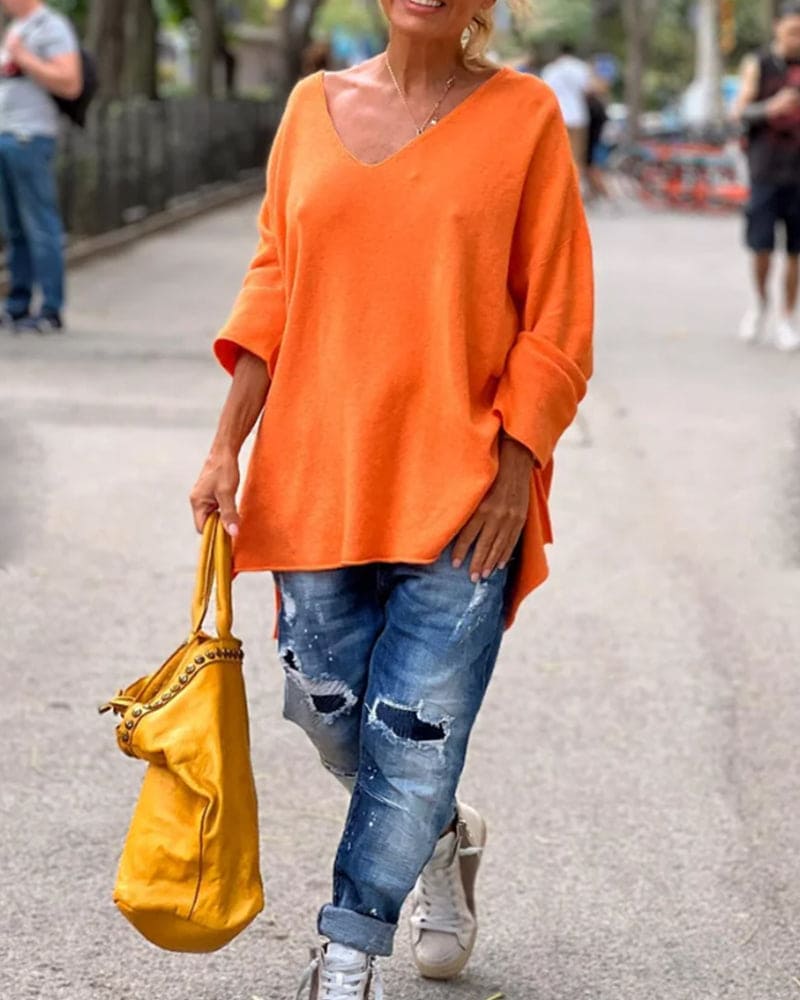 Jip | Oranje EK Blouse met een V-hals-Blouses-Calora-Oranje-S-Calora