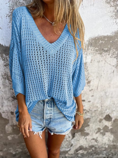 Jona | V-hals gehaakte Top-T-shirts-Calora-Blauw-S-Calora