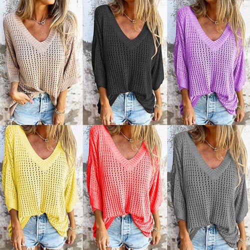 Jona | V-hals gehaakte Top-T-shirts-Calora-Blauw-S-Calora