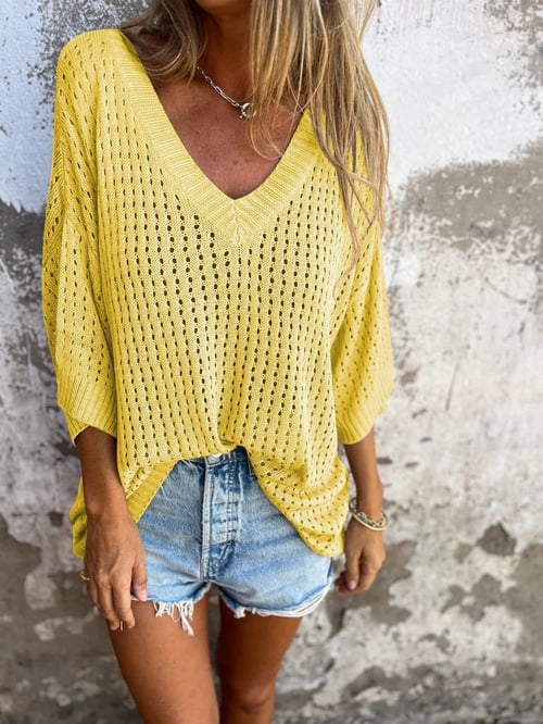 Jona | V-hals gehaakte Top-T-shirts-Calora-Geel-S-Calora