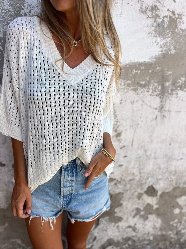 Jona | V-hals gehaakte Top-T-shirts-Calora-Wit-S-Calora