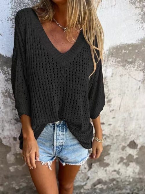 Jona | V-hals gehaakte Top-T-shirts-Calora-Zwart-S-Calora