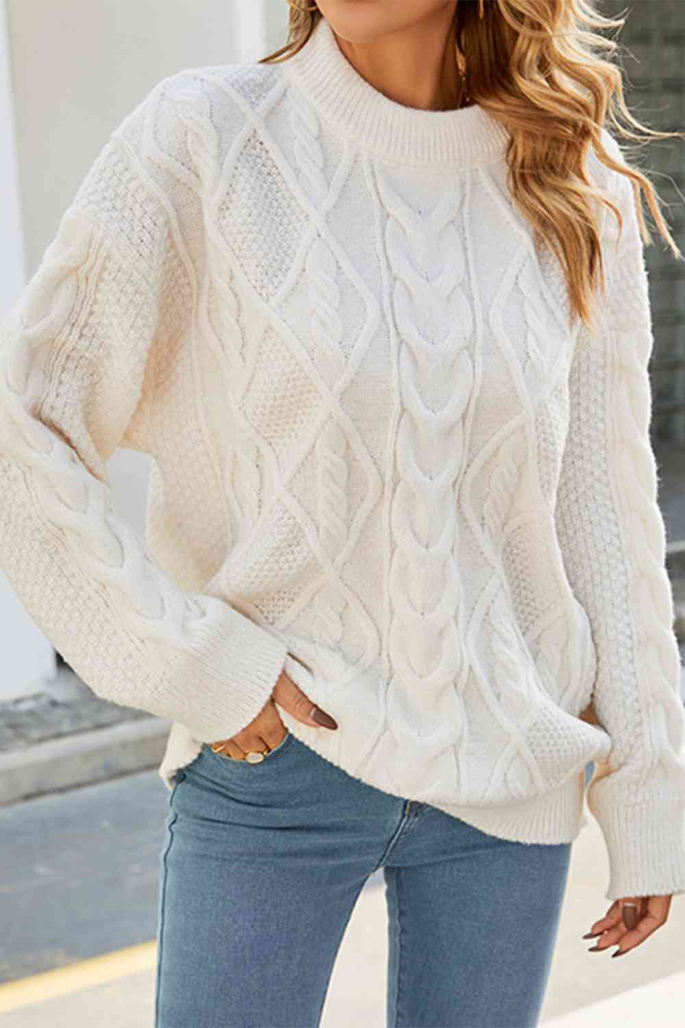 Kabelgebreide trui met lange mouwen-Blazers & Vesten-Calora-Wit-S-Calora
