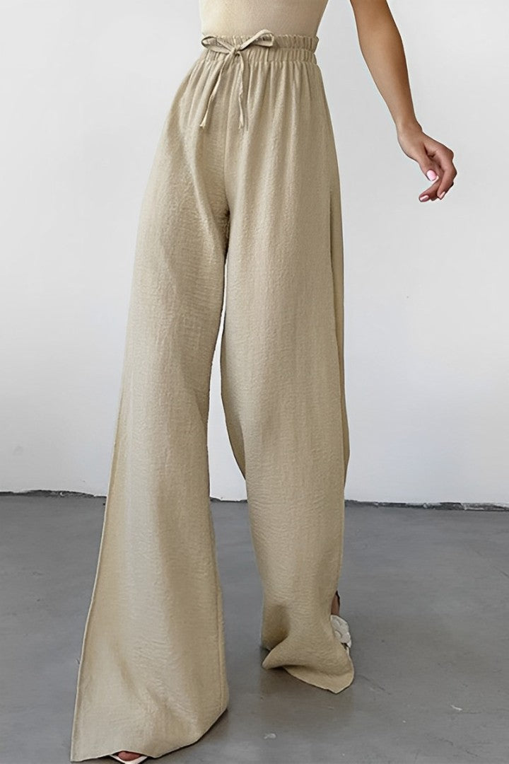 Kailani - Wijde Broek met Casual vetersluiting, losse hoge taille-Wijde Broeken-Calora-Khaki-S-Calora